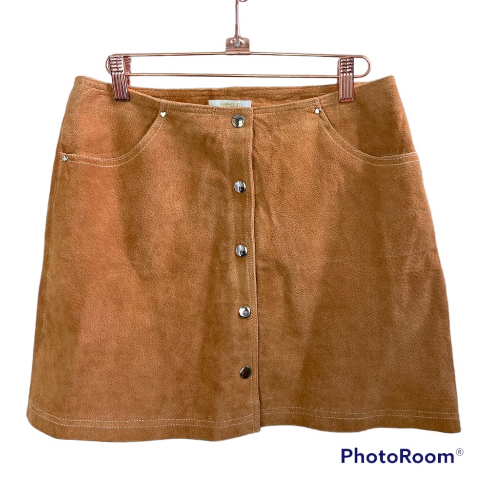 Forever 21 Tan Suede Leather Pigskin Button Front Skirt 29